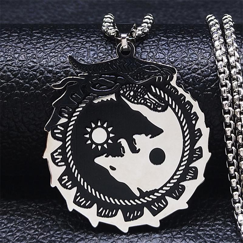 Yin Yang Gossip Wolf Sun Moon Stainless Steel Dragon Pendant Necklace Silver Color Statement Necklace Jewelry Collar N3694S02