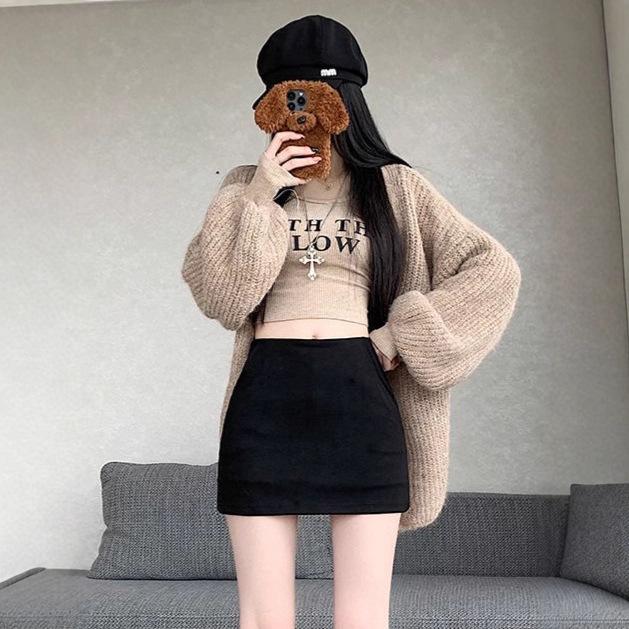 High Waist Retro Suede A-line Mini Skirt for Women