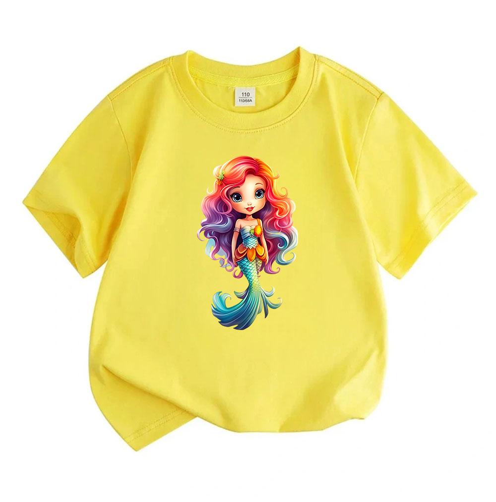 Kids Boys Girls Crew Neck Short Sleeve 100% Cotton T-Shirt Cute Rainbow Hair Mermaid Printed Casual Soft Tees for Summer Daily Wear Birthday Gift for