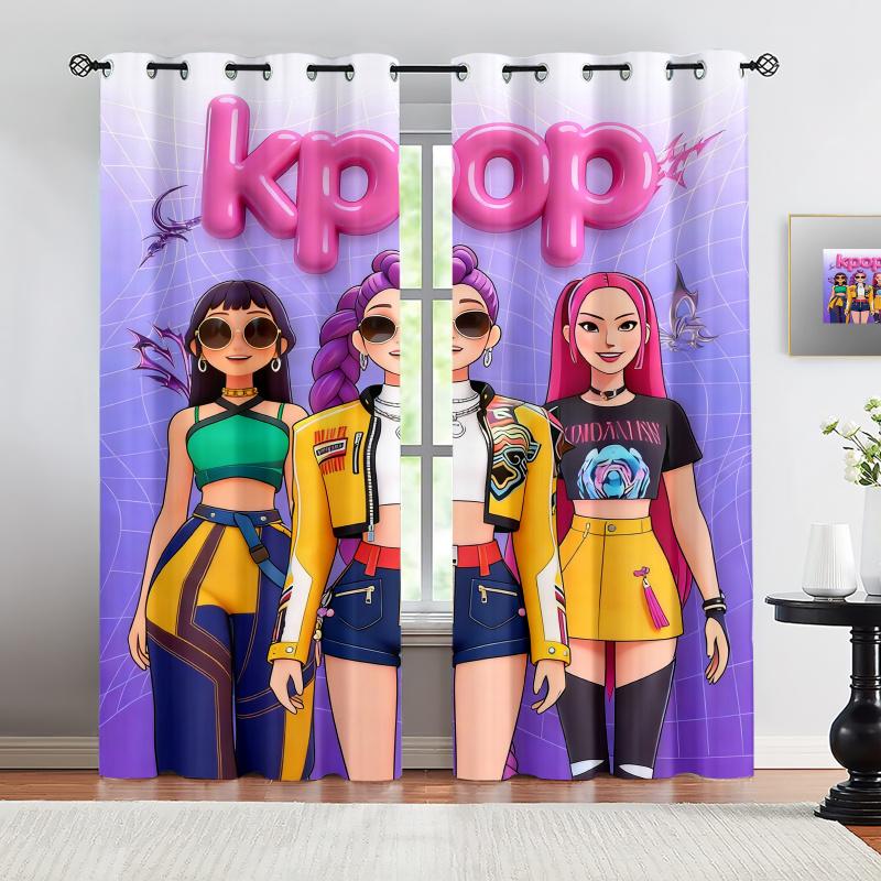2 ks Kpop Dívky Závěsy Roztomilá Anime Idol Skupina Blackout Závěsy Fialový Síťovaný Gradientový Potisk Závěsy na Okno pro Teenagerovskou Dekoraci Ložnice