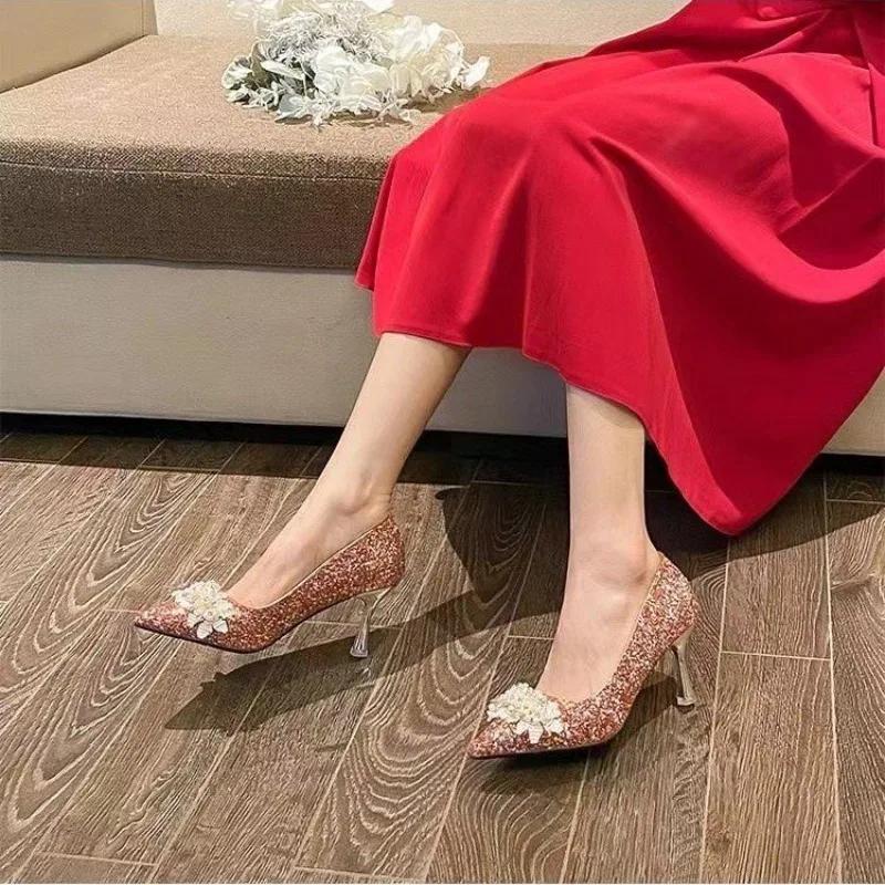 Women's Fashion Slim Heel Shoes Fall New Pointy Head Shallow Mouth Sequin Cloth Flower Slip-on High-heeled Wedding Shoes