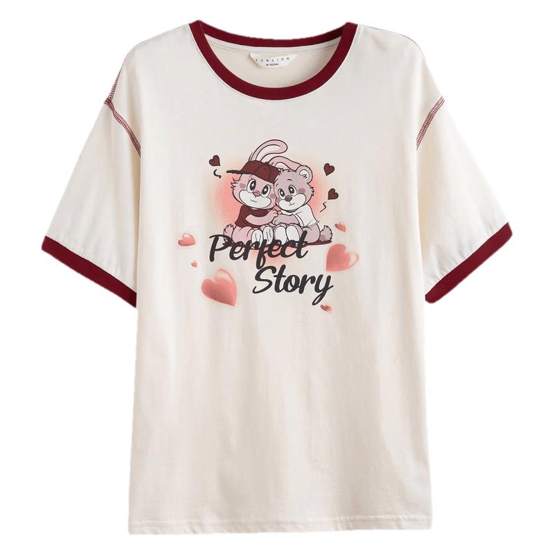 TonLion Women s Contrast Stitch Short Sleeve T-Shirt S грязно-белый