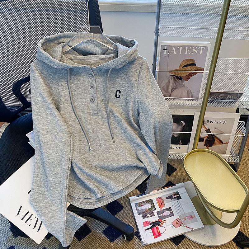 

Cotton 95% elastane 5% original t women s thin autumn short letter embroidery hooded casual versatile XL сірий колір