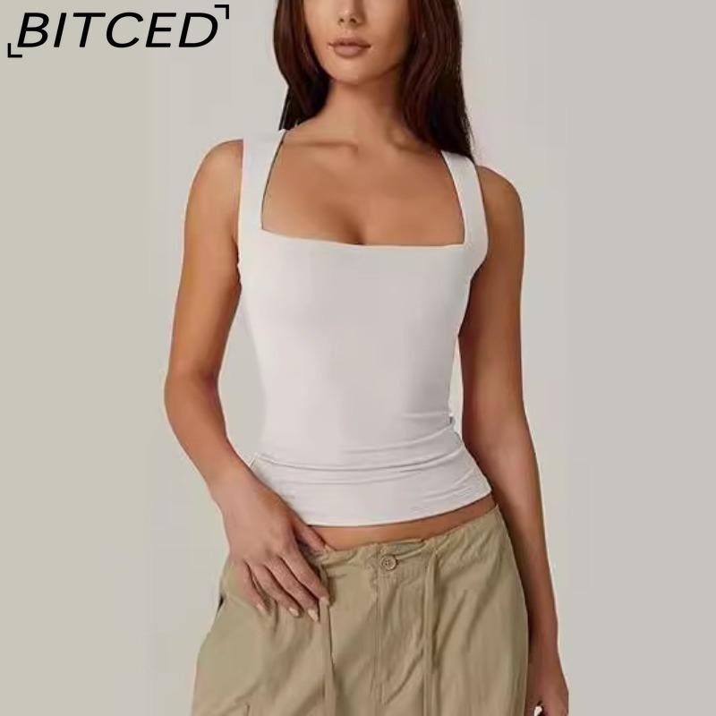 BITCED Women's Summer Square Neck Sleeveless Double-Layer Tank Top Basic Fitted T-Shirt