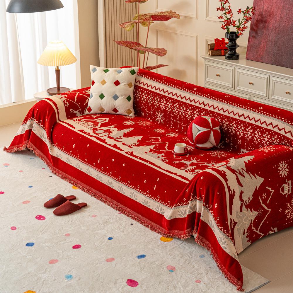 Pătură roșie de Crăciun pentru canapea, cu ciucuri nordici, prosop de aruncare, husă pentru canapea în patru anotimpuri, antipraf, anti-zgârieturi, huse pentru mobilier
