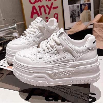 2025 New Leather Cowhide Lace-up Platform Muffin Bread Shoes White Shoes Casual Board Shoes Versatile Height-increasing Women's Shoes
