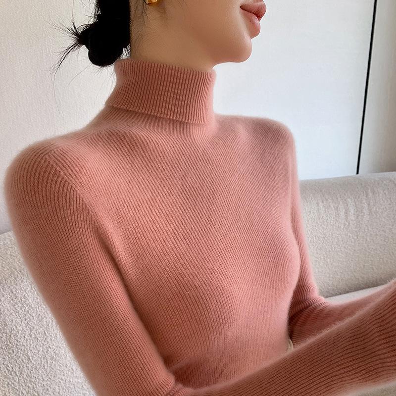 

Turtleneck Sweater Women Autumn Winter Tight Fit Pullover Knit Stacked Collar Versatile Base Layer 2XL рожевий