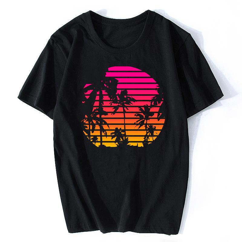 Black Navy Tshirt  Sunset Palm Tree  Outrun Synthwave New Retro Wave Cartoon T Shirt Men Unisex New Fashion Tshirt Tees