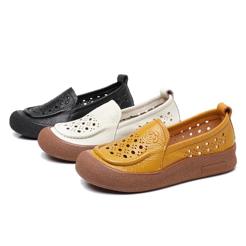 Spring and Summer Genuine Leather Mother's Shoes Women's Korean Version One Foot Kick Round Toe Hollow Single Shoes Women's Casual Shoes Hole Shoes