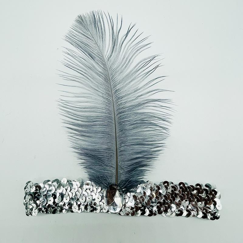 

European and American ostrich feather headband with sequins and rhinestones, party and performance headpiece, Indian ethnic style headband срібний