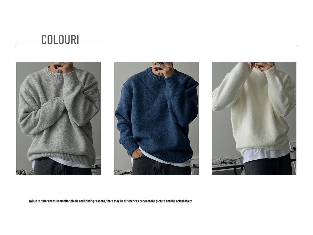 Men's Solid Color Round Neck Knit Sweater - Warm, Thick, and Versatile for Spring and Autumn