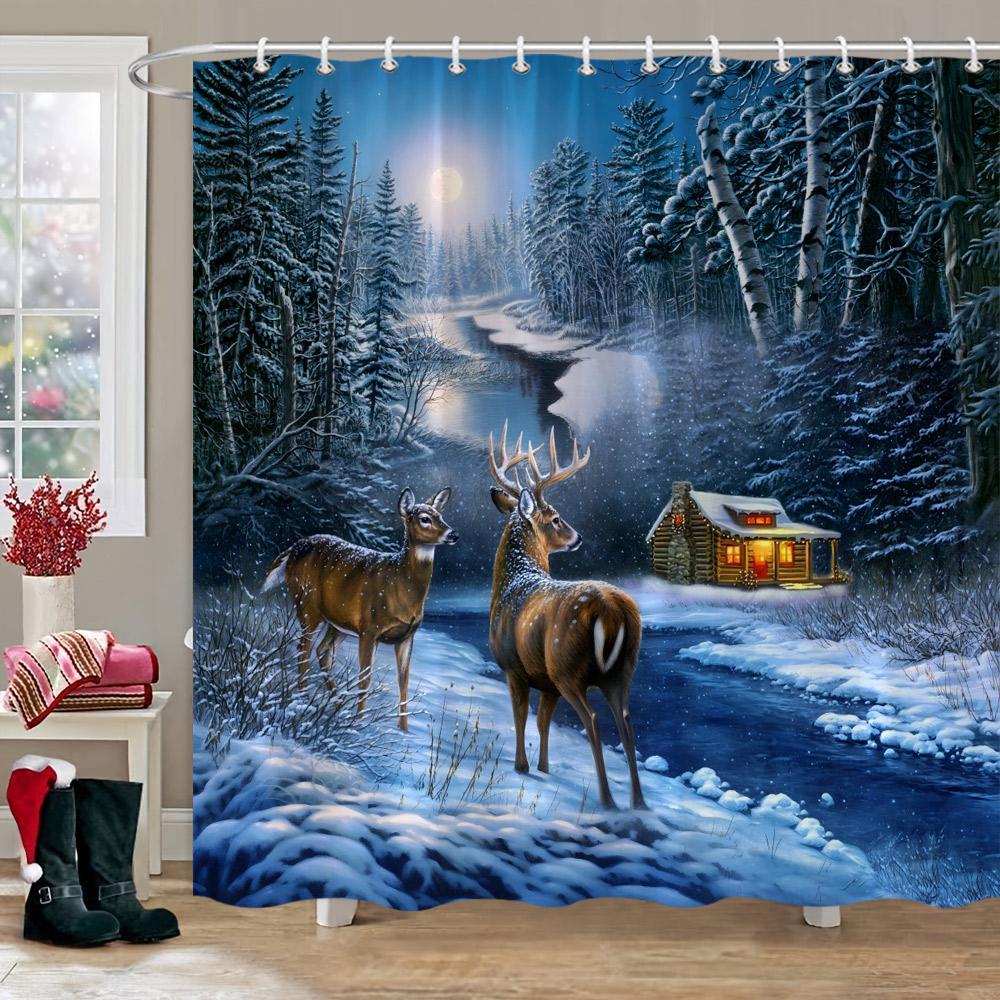 Christmas Snowman Shower Curtain Merry Santa Elf Deer Red Truck Polyester Fabric Printed Bath Curtains Bathroom Decor With Hoo