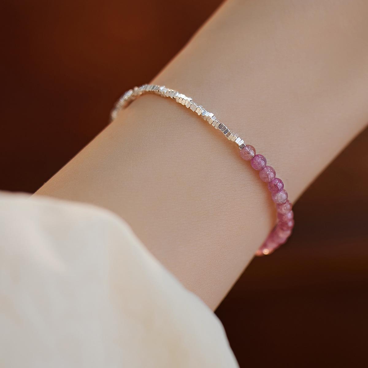 

Shopkeeper s Recommendation Pink tourmaline and silver beads bracelet, niche design, simple and light luxury peach blossom bracelet S9Silver