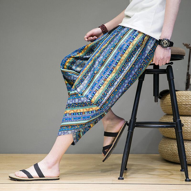 2025 Sommer Herren Ethno-Stil Haremshose Herren Gestreifte Druckhose Herren Japanische Streetwear Hose Herren Patchwork Wadenlange Hose