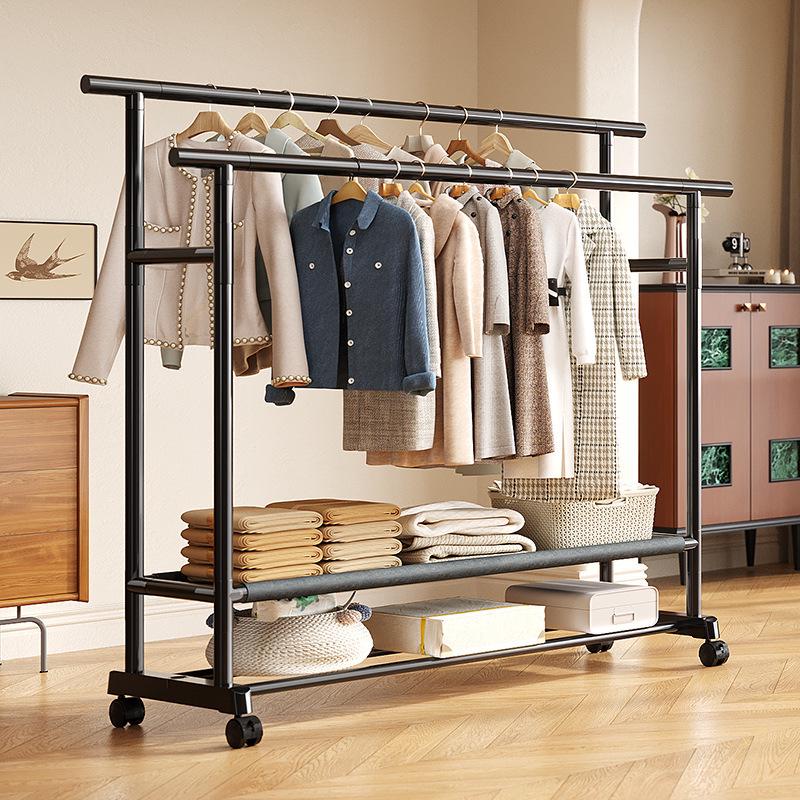 Extra Thick Double Row Vertical Clothes Rack with Wheels for Bedroom Storage