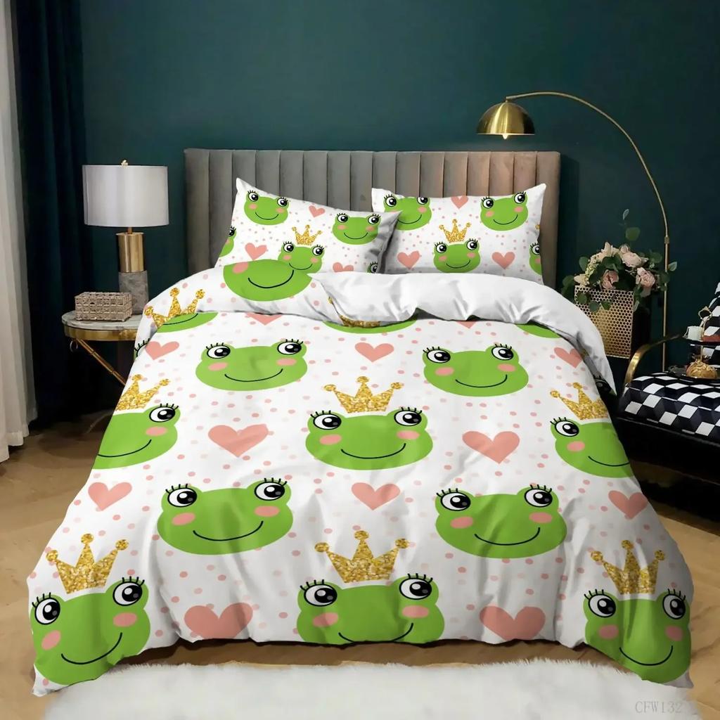 Cartoon Frog Duvet Cover Collection Light Green Cartoon Frogs Cute Dragonfly Animal Bedding Collection For Kid Twin Size Polyester Quilt Cover