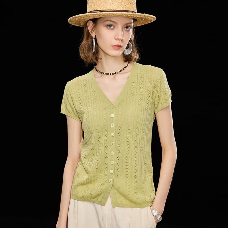 Wudao Tencel Linen Blend Jacquard Knit V-Neck Top M
