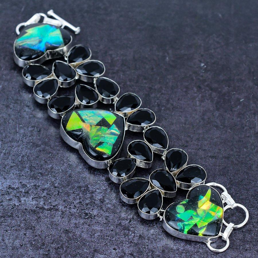 Black Onyx, Spinel Gemstone 925 Sterling Silver Bracelet 7-8"