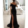Abito Maxi da Donna Mermaid Scollo Bardot Manica Corta Vestibilità Aderente Spacco Alto Paillettes Abito da Sera Formale