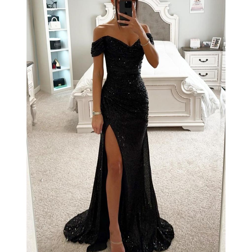 Abito Maxi da Donna Mermaid Scollo Bardot Manica Corta Vestibilità Aderente Spacco Alto Paillettes Abito da Sera Formale