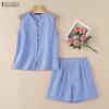 Women Sleeveless Vest Tops and Shorts Summer Plaid Print Two Piece Suit Sets