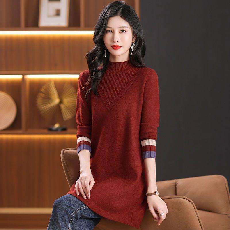 Mid-length Knitted Sweater Women's Fashion Solid Color Loose Large-sized Sweater Autumn and Winter Casual Half Turtleneck Pullover