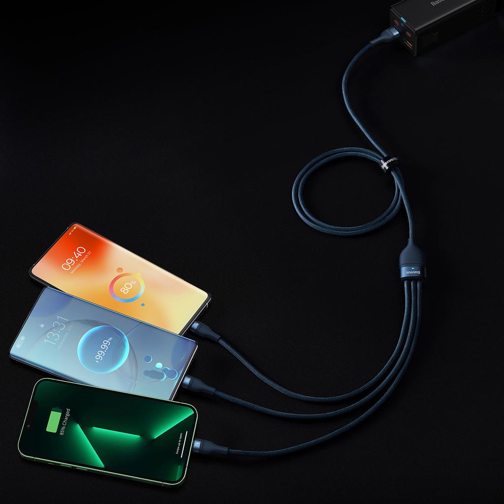 Baseus Flash Series II Universelles 3-in-1-Schnellladekabel USB-A auf USB-C/Micro-USB/Lightning, 66 W, 480 Mbit/s, 1,2 m, Blau