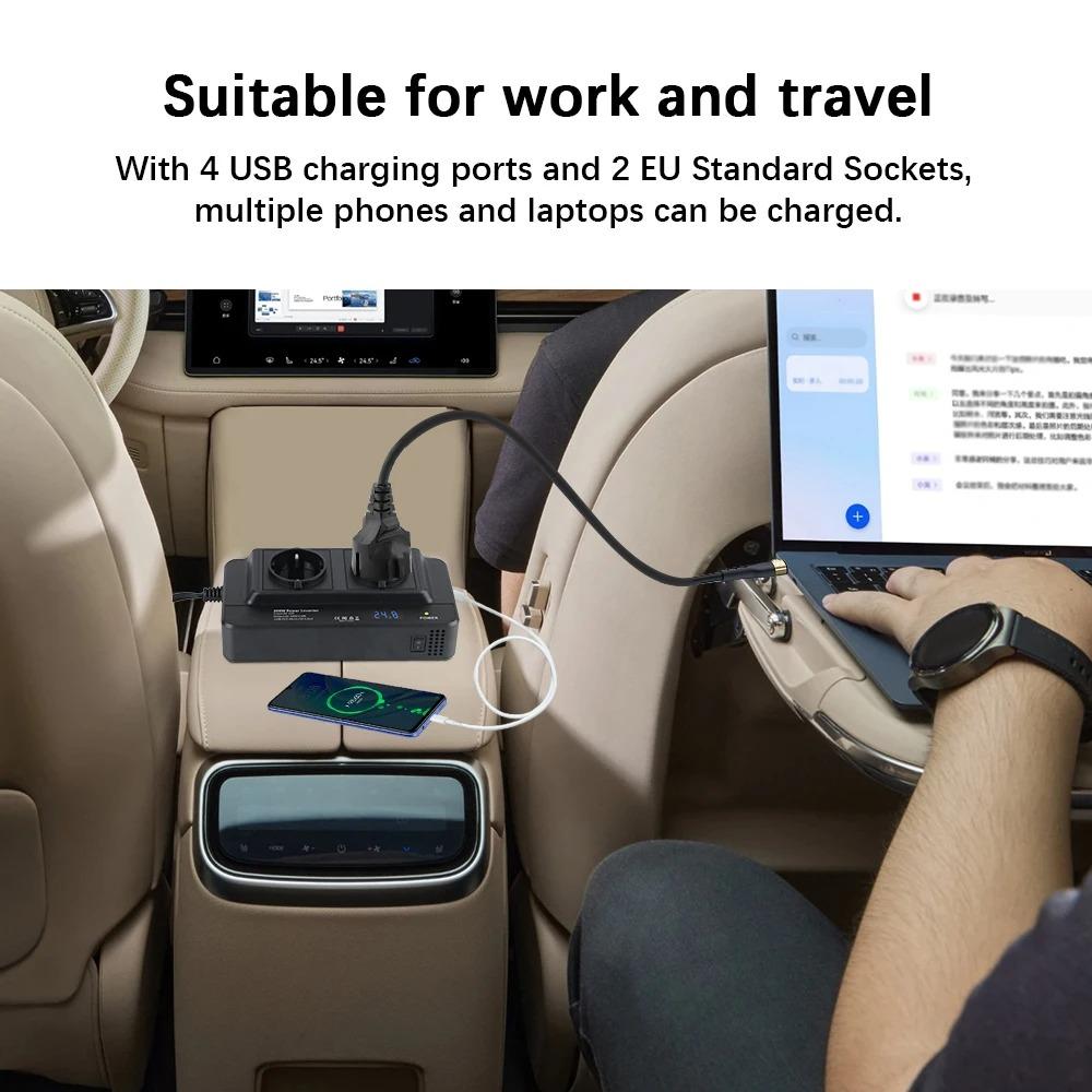 200W Peak Power Car Inverter 12V to 220V DC to AC with 4 USB Ports Cigarette Lighter Auto Mounted AC EU Socket
