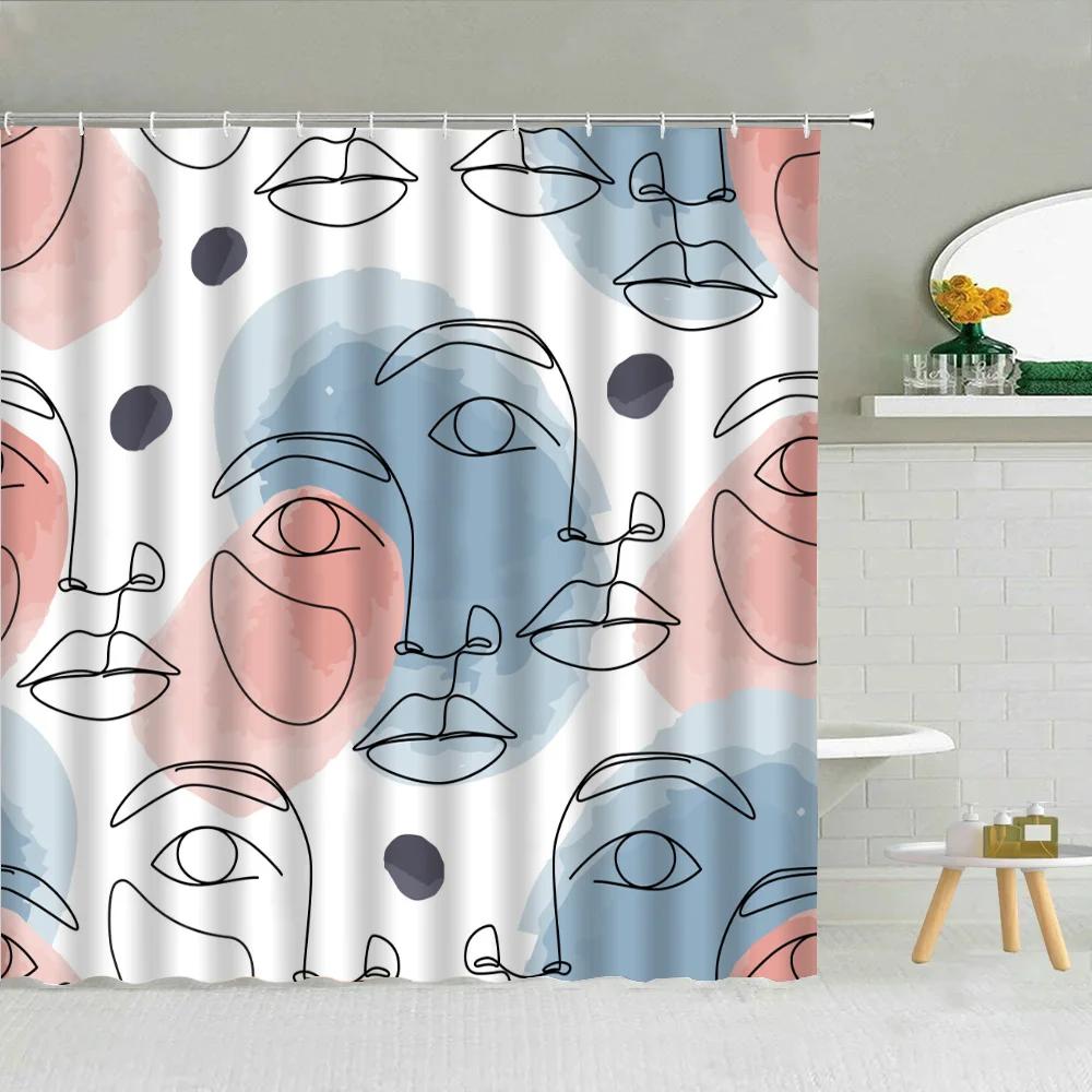 Line Art Shower Curtain for Bathroom Accessories Folding Partition Curtains Bath Bedrooms Houses Rooms Quarto Waterproof FaXT6