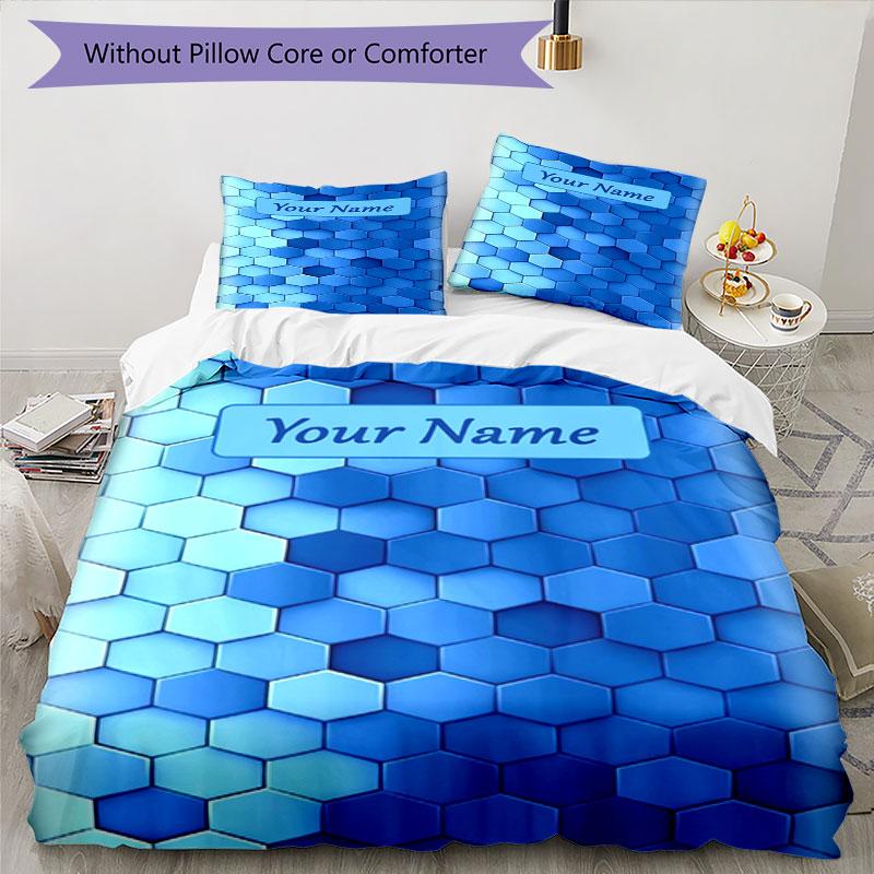 3PC Custom Name Blue Hexagon Bedding Set Duvet Cover Closure Includes 1 Duvet Cover & 2 Pillowcases for Bedroom