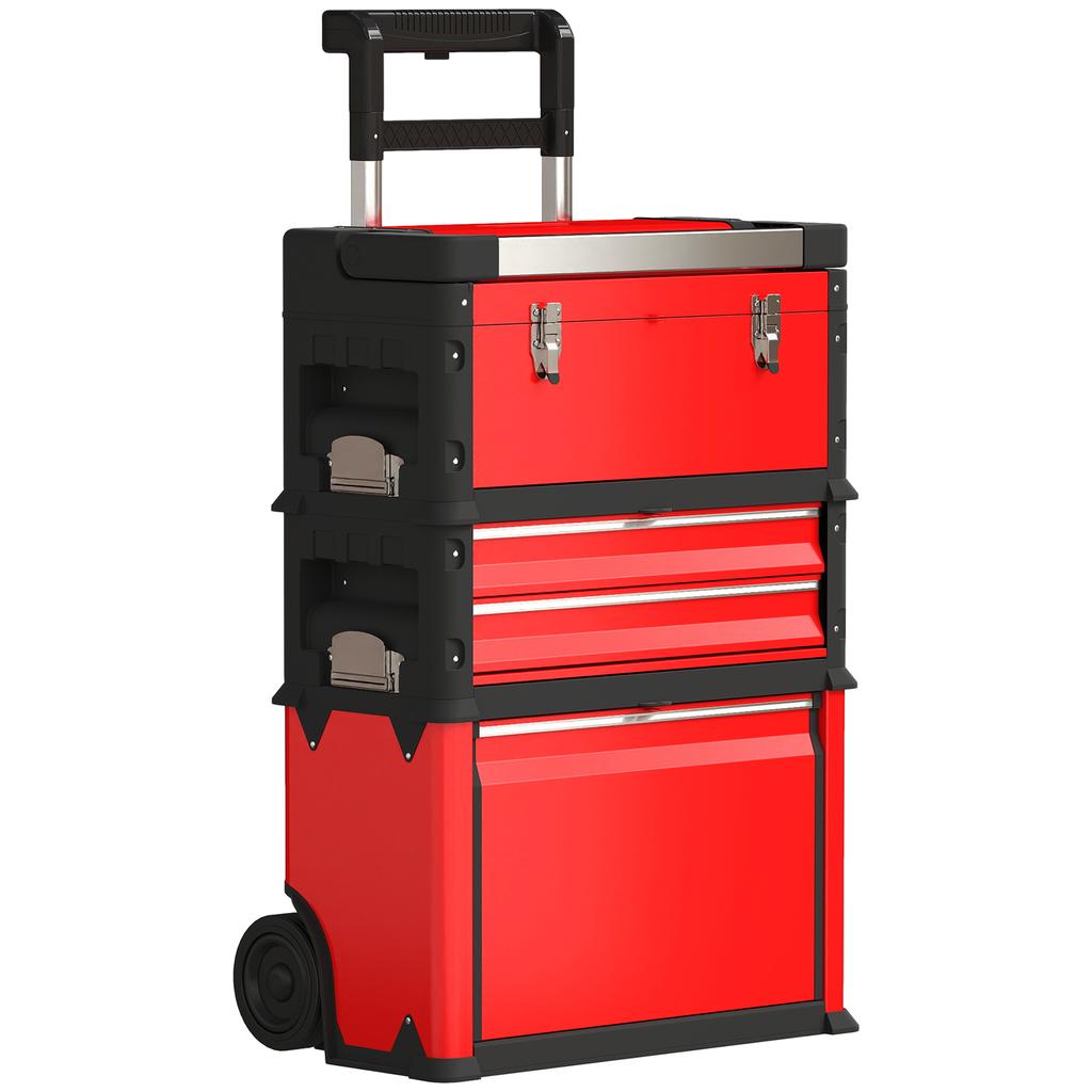 3-Tier Interlocking Steel and Plastic Toolbox Set with Wheels