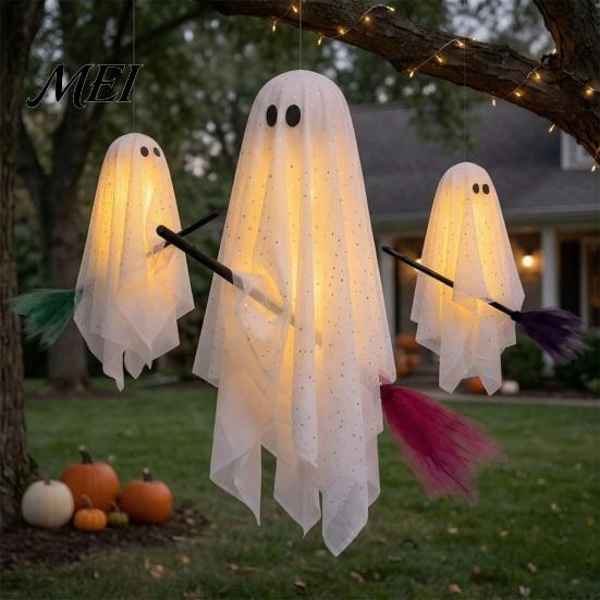 Hanging Ceiling Party Accents 3 Pcs Halloween Ghost Decorations, Spooky with Broom, Outdoor Seasonal Supplies Large Flying White for Tree Porch
