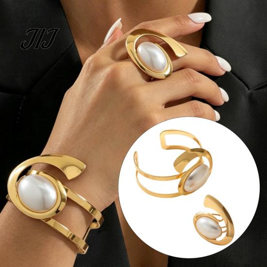 Golden Plated Jewelry Se 2Pcs Faux Pearl Bangle And Ring Set, Geometric Open Bracelet Daily Wear & Ring, Minimalist Statement for Party Oval