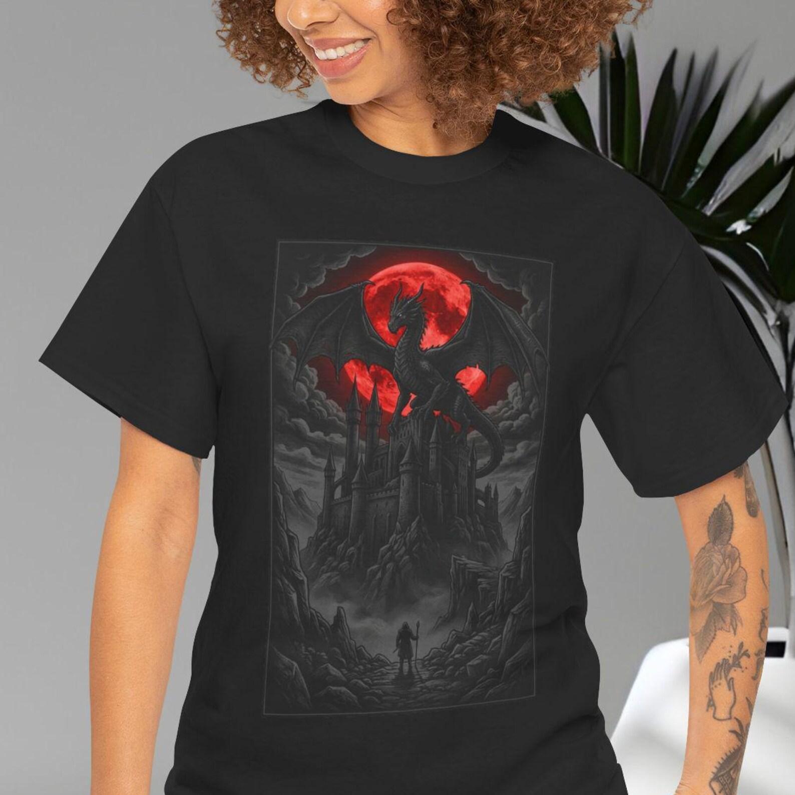 Dragon Castle Shirt, Gothic Fantasy Dragon Tee, Red Moon Dark Fantasy T shirt, Medieval Castle Shirt, Fantasy Lover Gift S
