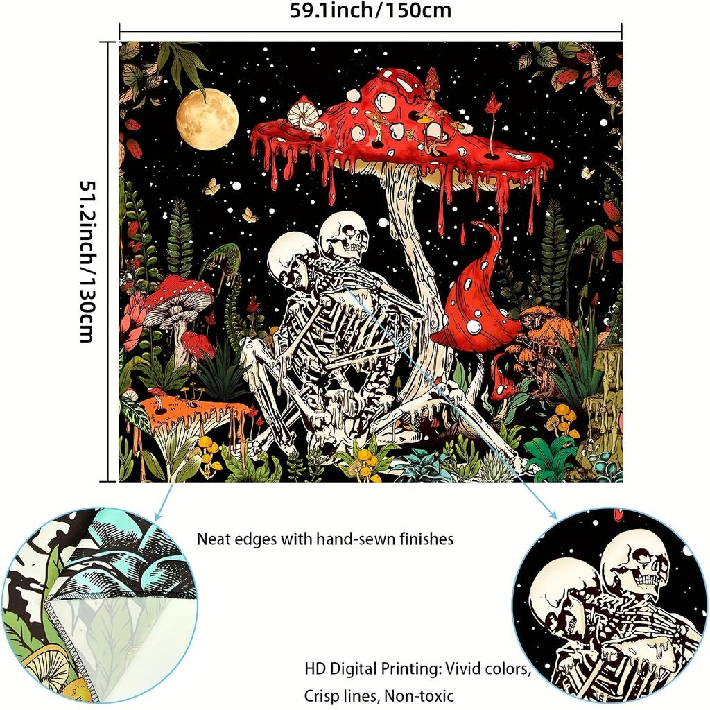 Whimsical Skeletons and Mushrooms Tapestry Perfect for Eclectic Decor Vibrant Wall Hanging Adds Charm