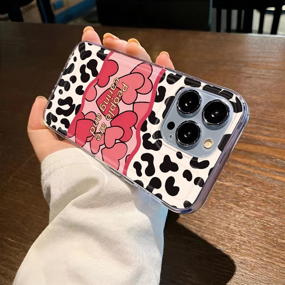INS Leopard Print Love Phone Case For iPhone 13 15 11 14 12 16 Pro Max 7 Plus 16e XR XS Max SE 2022 Soft TPU Transparent Cover
