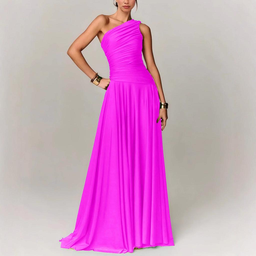European and American Women's Cross-border Foreign Trade 2025 European and American Style Summer New Slanted Shoulder Waist Evening Dress Pleated 