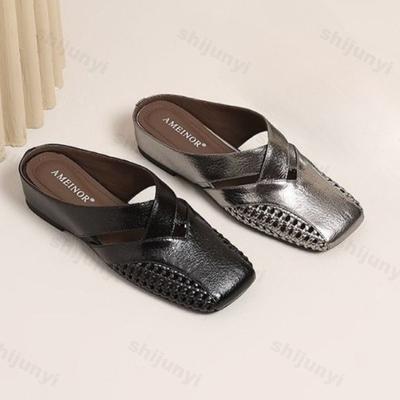 Women's Half Slippers Vintage Hollow Woven Square Toe Slides Fashion Versatile Mules Shoes Ladies Daily Sandals Mujer Slides