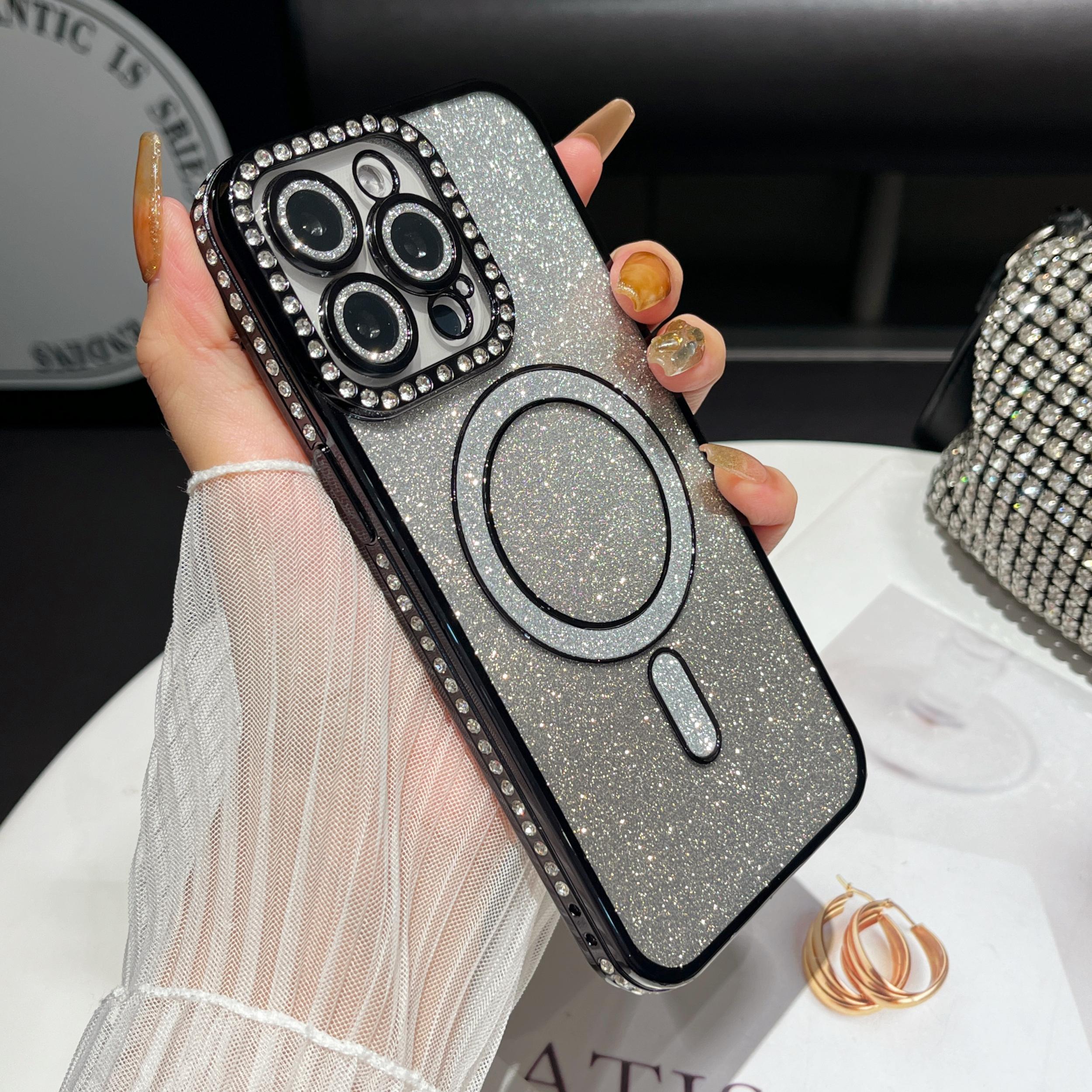 

Plating Glitter Bling Diamond Camera Lens Protector Bumper Phone Case For iPhone 17 Air 16 15 14 Pro Max Samsung S25 S24 S23 Magnetic Protective Cover iPhone 13 Pro чёрный