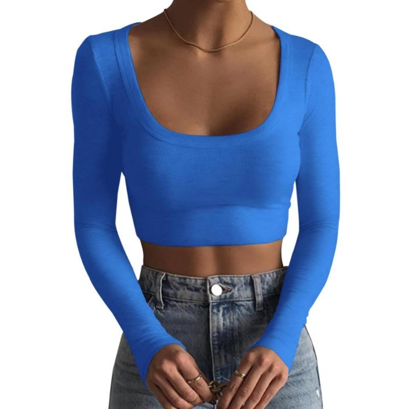 Form-Fitting Ribbed Long Sleeve Crop Top With Wide Square Neck
