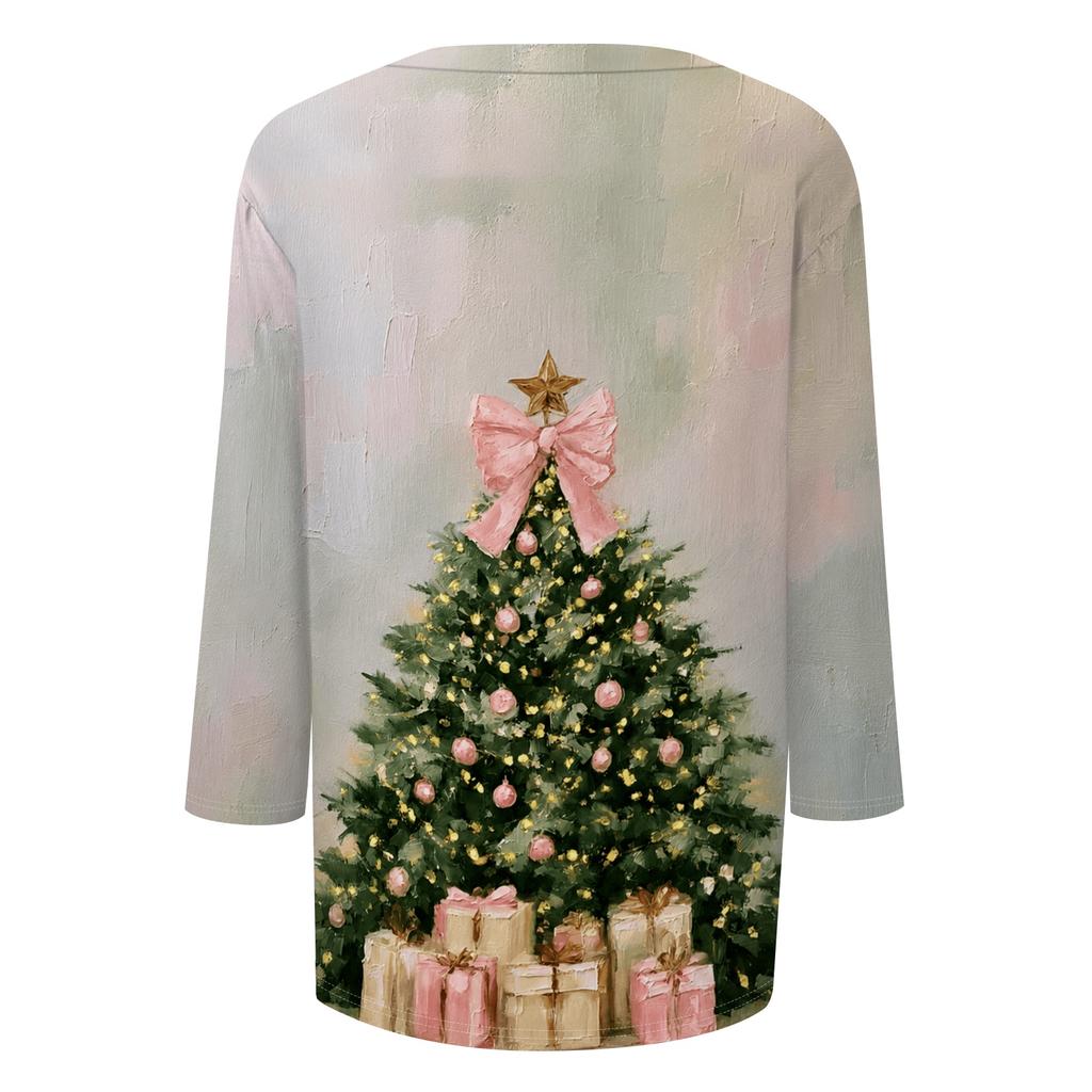 Women's Christmas Print V-Neck Three-Quarter Sleeve Loose Fit Casual Shirt