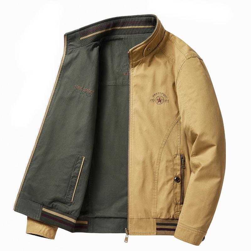 Men's Double-Sided Pure Cotton Jacket - Stand Collar, Loose Fit, Business Casual for Spring and Autumn.