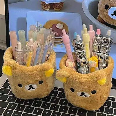 Plush Cute Bear Pencil Holder Plush Cosmetics Pen Container Kawaii Desk Accessories Office Organize Kid Stationery Storage Box