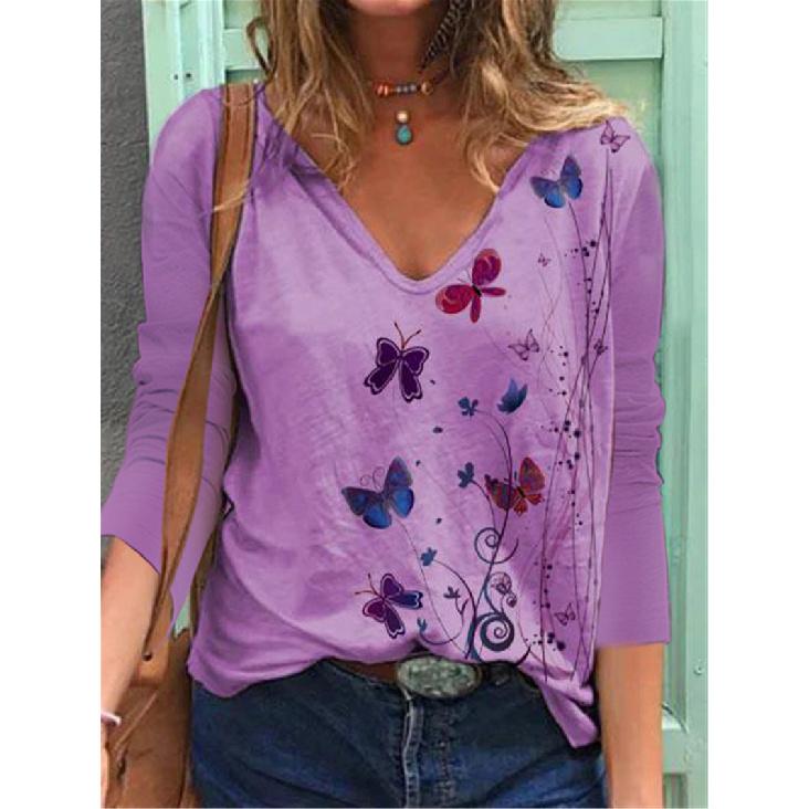 

2026 Spring and Autumn Wish Butterfly 3D Digital Print Women s V-Neck Long Sleeve T-Shirt S фиолетовый