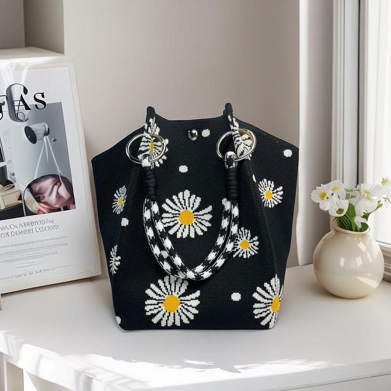 Knitted Tote with Woven Ring Buckle, 3D Magnetic Snap Handbag & Clutch