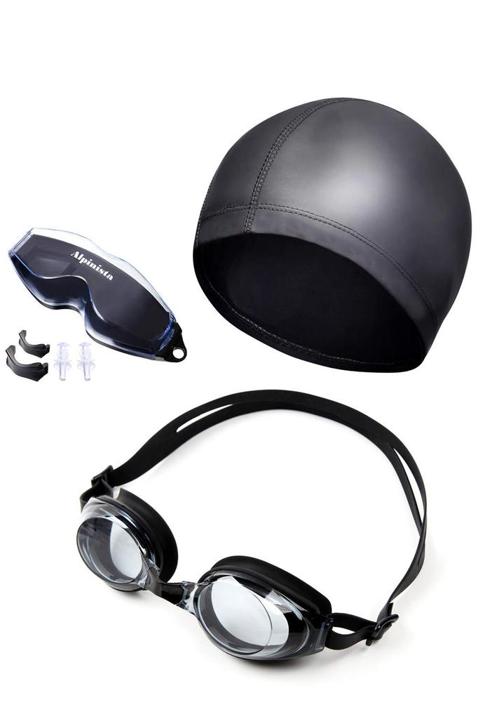 Swimming Goggles and Swimming Cap Nose Strap 3 Japanese Instruction Manual Included Silicone Cap [Alpinista] Set, Anti-Fog, Clear, Sizes, Earplugs,