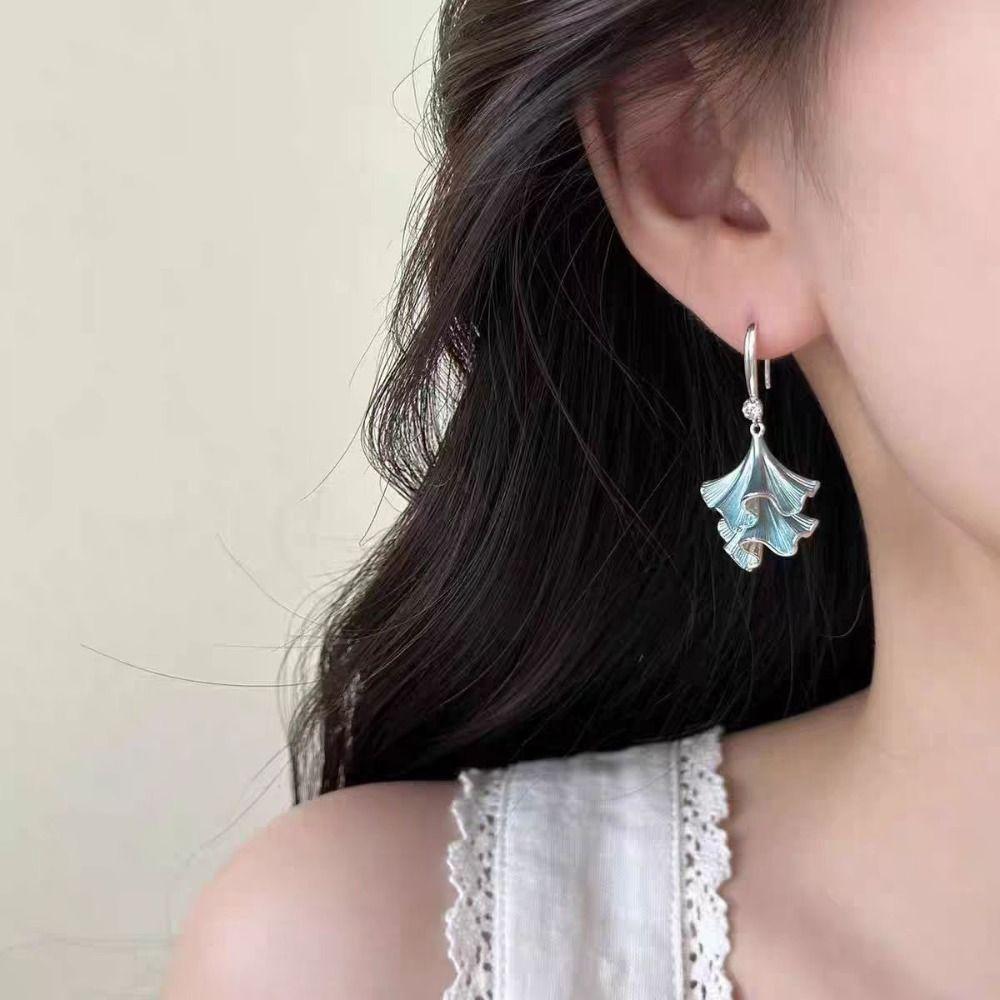 Synthetic Rhinestone Ginkgo Ear Pendant Double-layer Sweet Earrings Jewelry Ginkgo Earrings Party