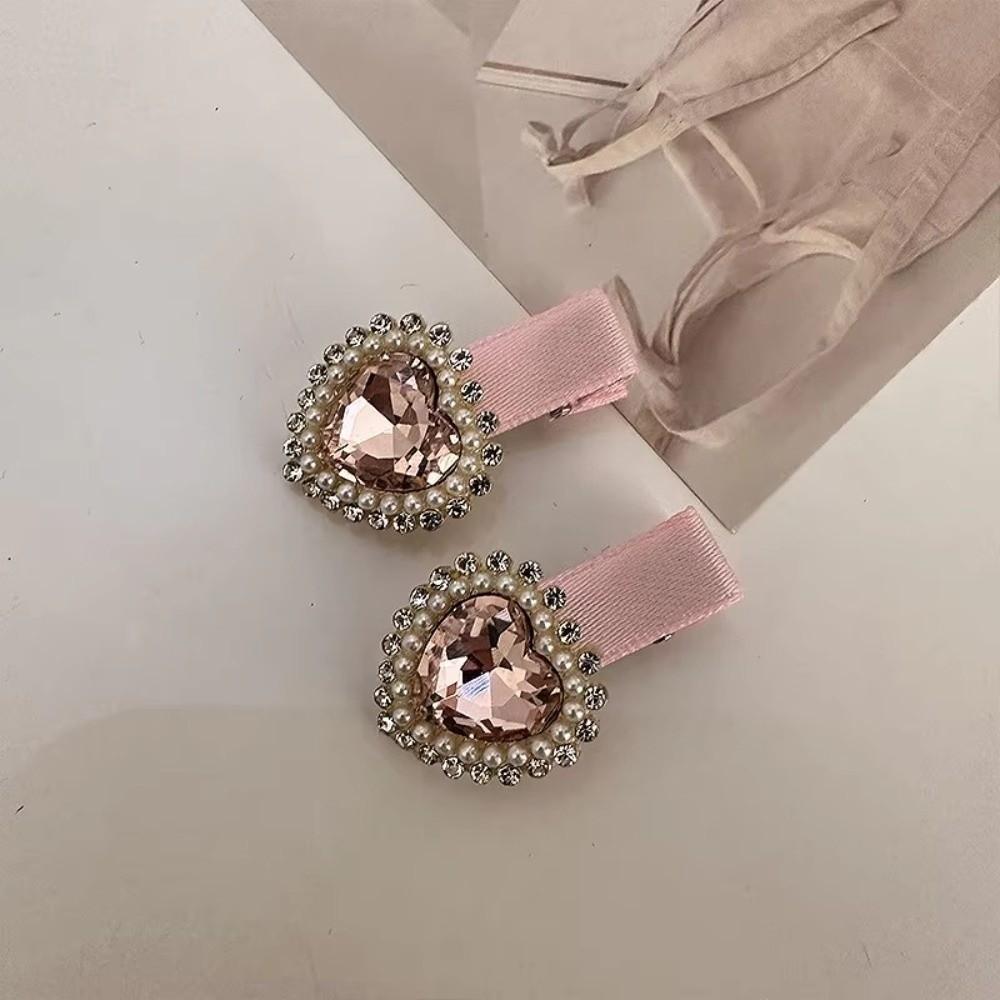 

2Pcs Exquisite Design Rhinestone Hair Clip Fabric Art Bow Barrette Side Bangs Clip Korean Style