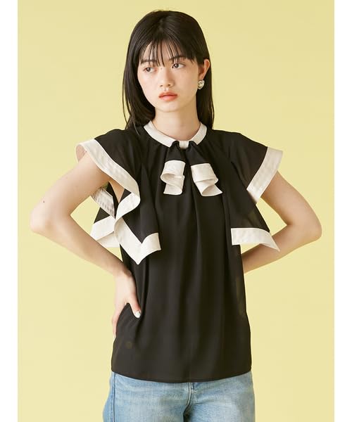 Lily Brown Square Sleeve Ruffle Blouse Black Women's LWFB252100,