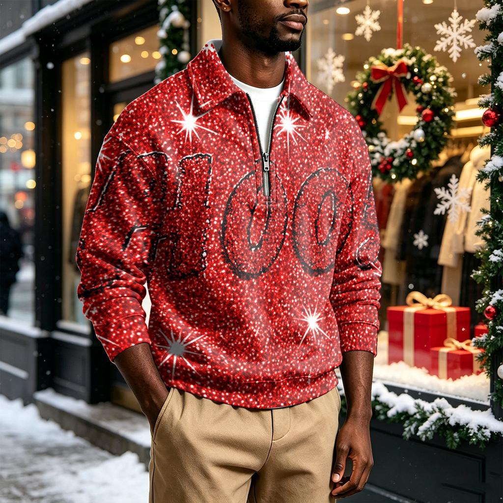 Men's Casual Christmas Print Collared Sweatshirt for Holiday